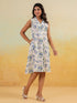 Janasya Women's Off White Linen Cotton Floral Printed A line Dress